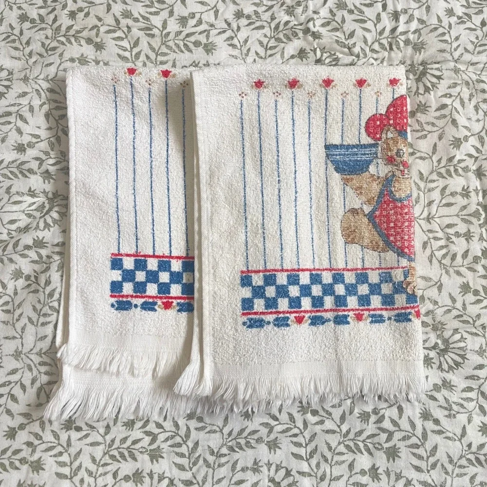 2 VTG CANNON Hand Kitchen Towel 70s NOS Cat Checkered heart cottage‎